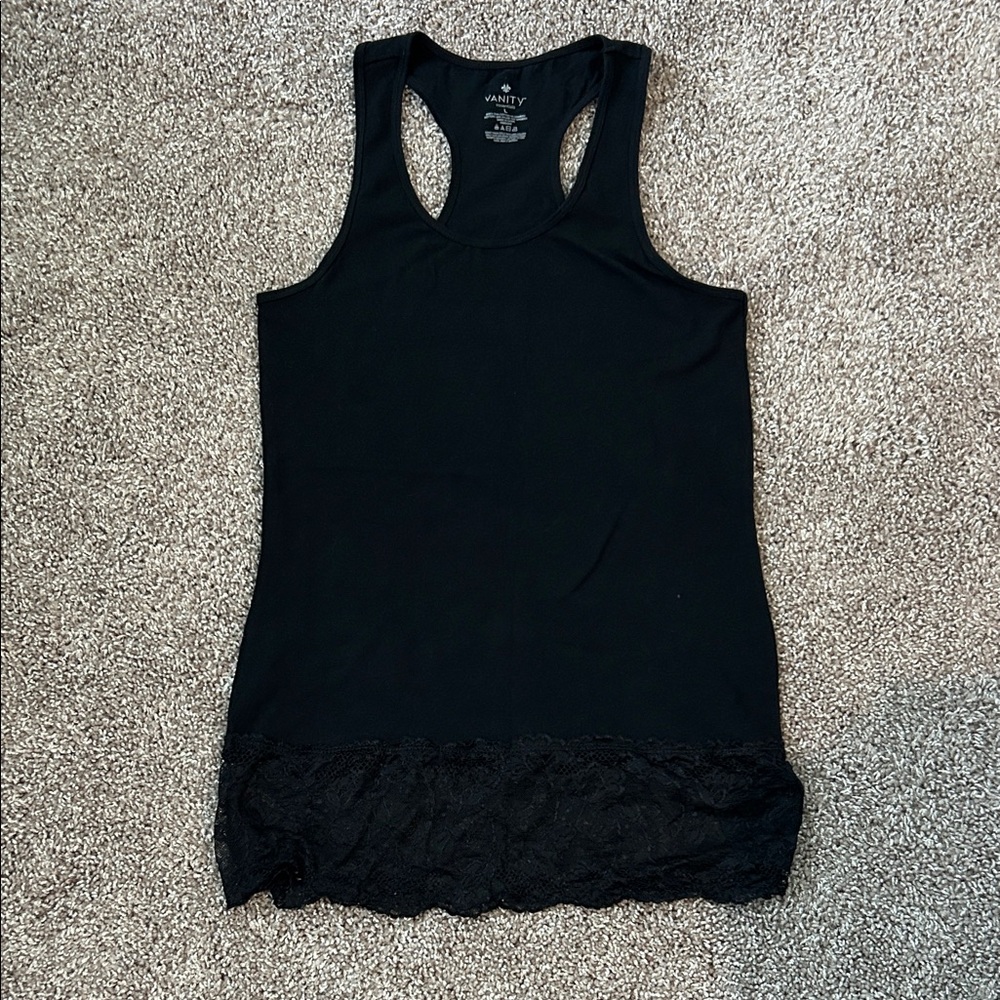 Vanity Black Tank Top with Lace Hem